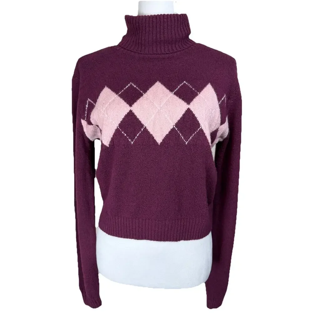 Hollister Women's Turtleneck Sweater‎ Sz M Maroon w/ Pink Argyle Print